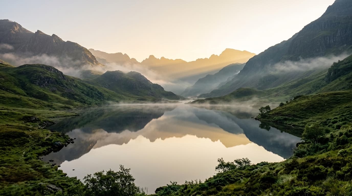 Misty alpine lake at golden hour morning sun reflection
