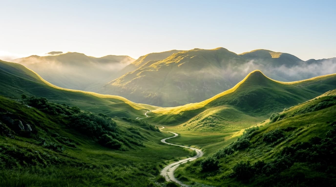 Lush emerald highland valley trail with golden ridge lighting