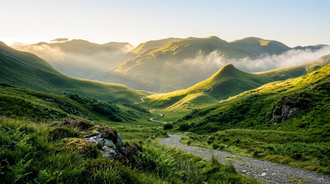 Lush green highland mountain valley with golden morning light and winding trail